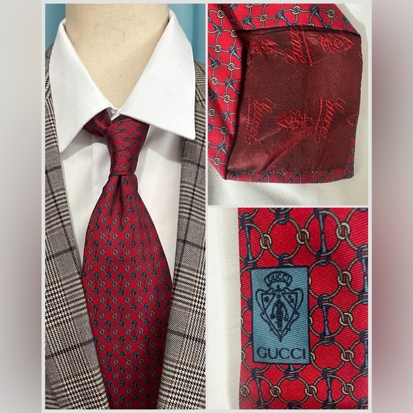 Gucci red horsebit print silk necktie. - Picture 1 of 6
